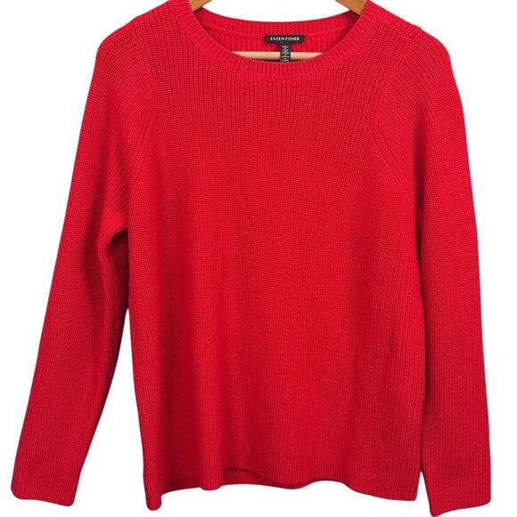 Eileen Fisher Oversized Merino Wool Sweater Shaker Stitch Red Luxury XS (Flaw) - Picture 3 of 10